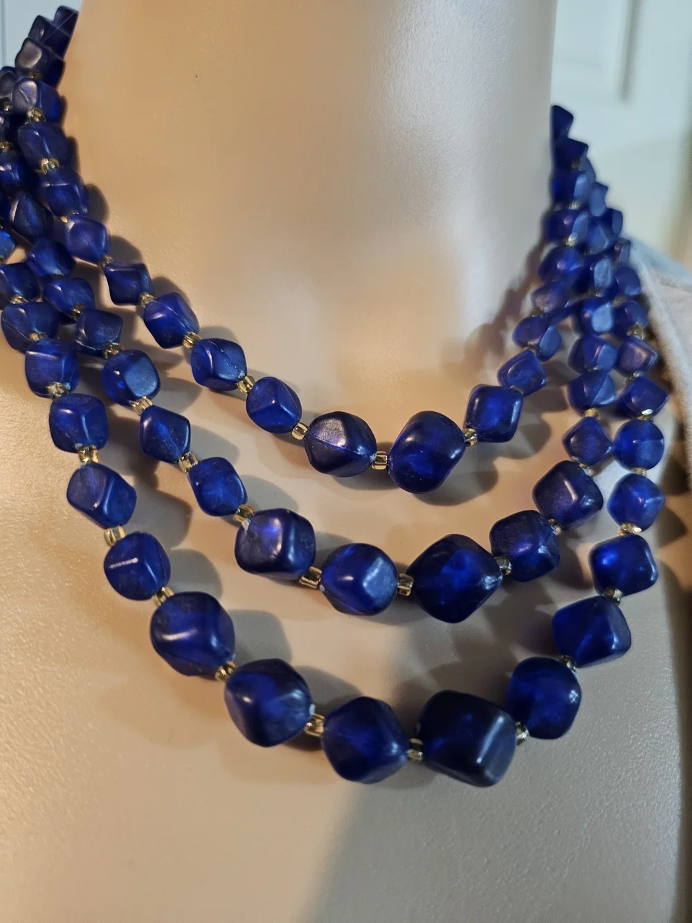 Vintage Bold Triple-Row Blue Beaded Necklace